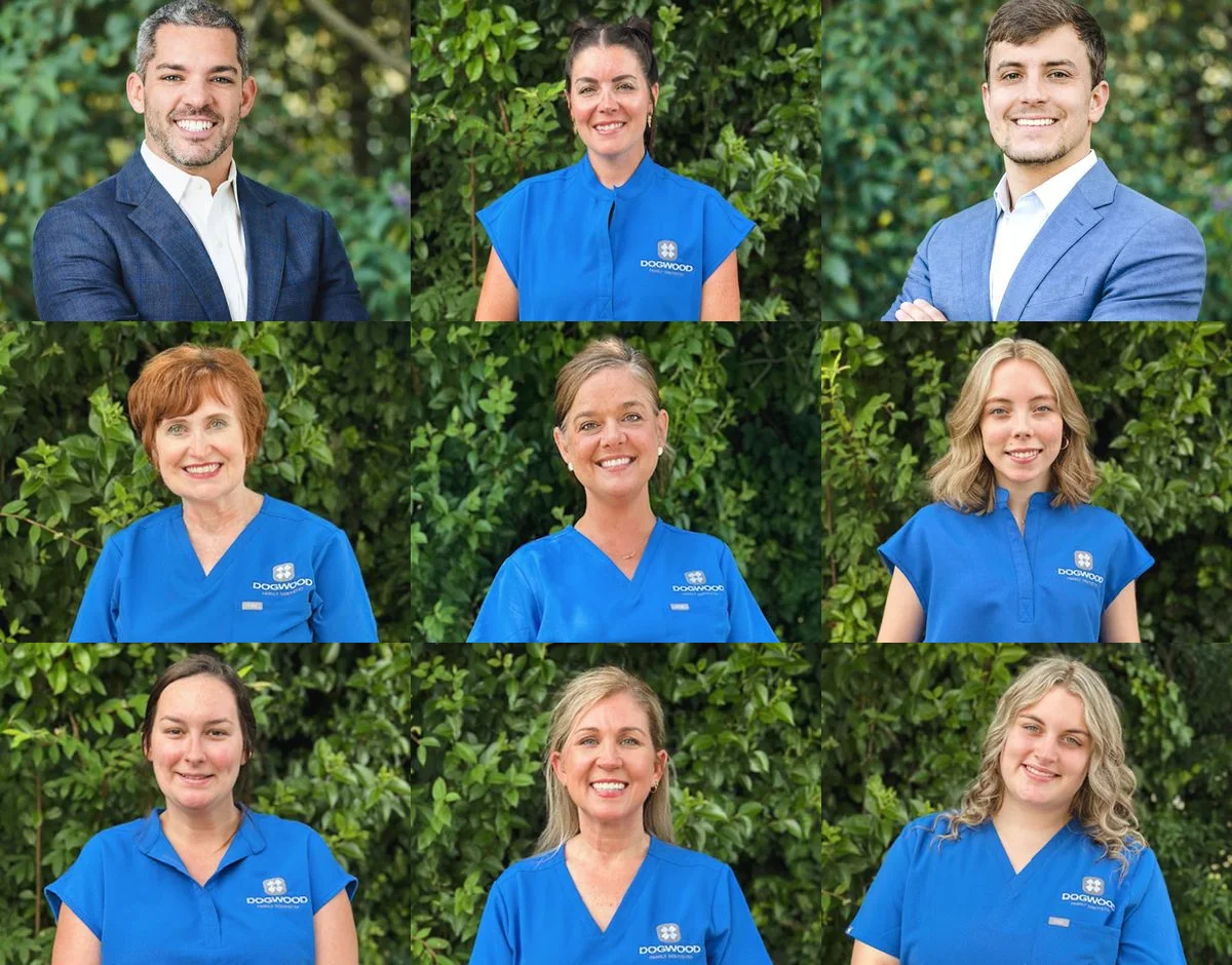 The Dogwood Family Dentistry team in Albemarle: Dr. Belfore and Dr. Billings with the hygienists, office manager, and patient care coordinator